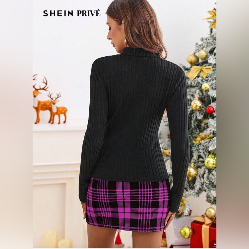 SHEIN Black Sweater and Pink Plaid Skirt